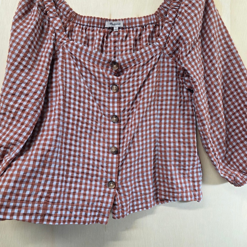 Madewell Gingham Button Front Puff Sleeve Top Terracotta Brown White Size 4 - Picture 6 of 10